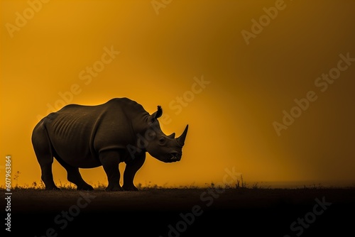 Silhouette of african white rhinoceros against orange dusk dawn sky © TULA