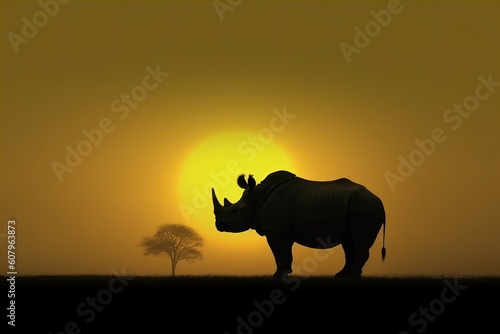 Silhouette of african white rhinoceros against orange dusk dawn sky