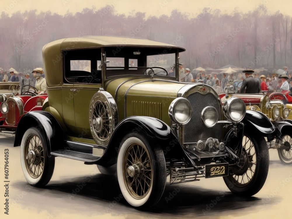 A painting of an 1920's old car, volume eleven created with generative ai,ki