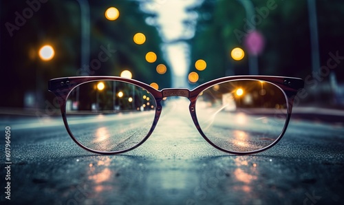  a pair of glasses sitting on the side of a road with lights in the background of the glasses and a blurry image of a street. generative ai