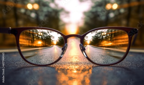  a pair of glasses sitting on top of a road next to a street light with a blurry image of a street light in the background. generative ai