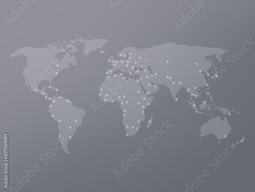 Fototapeta Naklejka Na Ścianę i Meble -  Dotted halftone world map with many highlighted capital cities on gray color gradient background. High resolution, modern and clean world map in black and white.