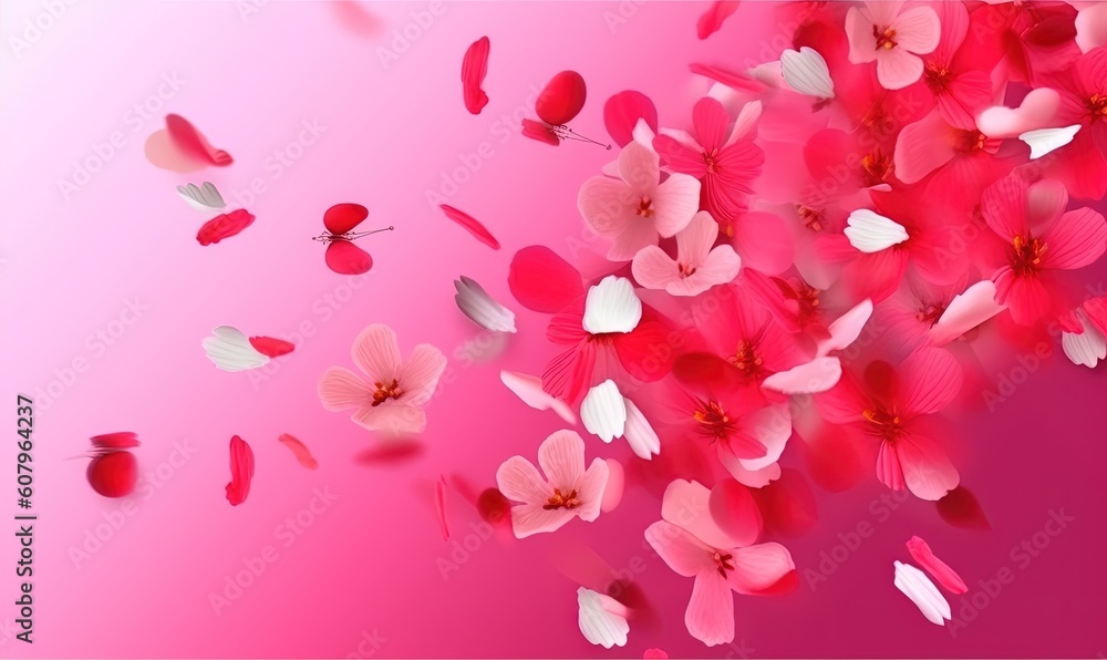  a bunch of pink flowers floating in the air with a butterfly flying above them on a pink background with a pink background and a white border.  generative ai