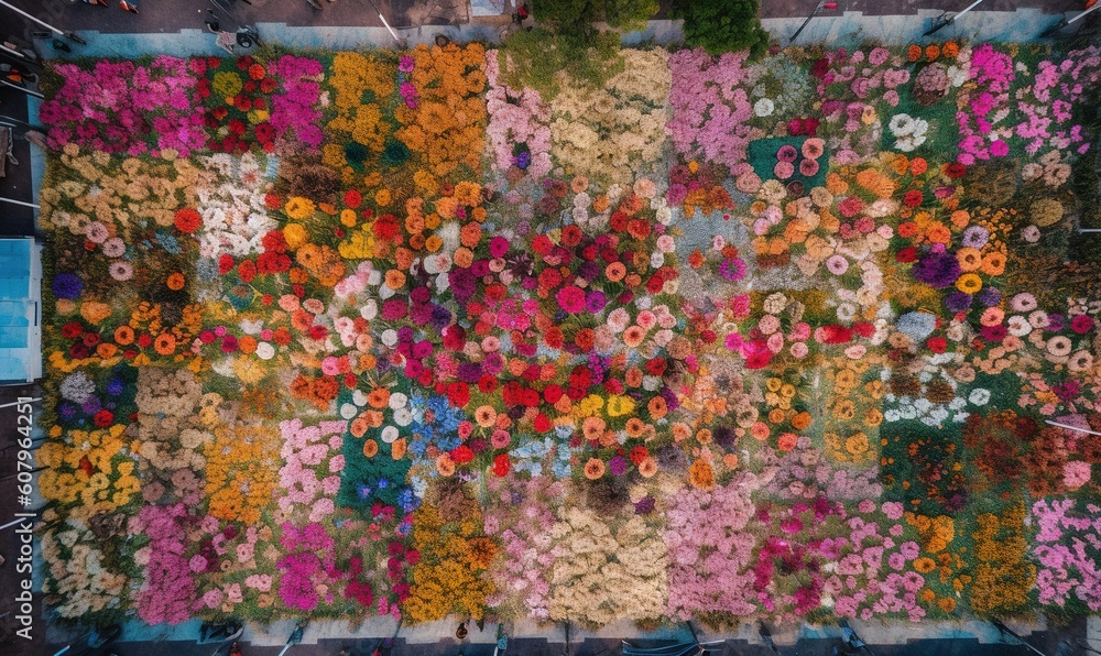  a large patch of colorful flowers on a street side wall.  generative ai