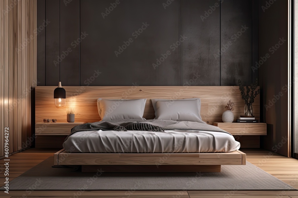 a wooden bed in a contemporary room,. Generative AI - obrazy, fototapety, plakaty 