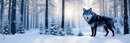 Banner of Eurasian wolf in white winter habitat in nothern forest, aerial atmosphere, calm colors. Beautiful winter background. Wild animals in nature environment. Canis lupus lupus. Generative AI