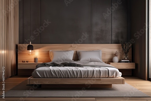 a wooden bed in a contemporary room,. Generative AI photo