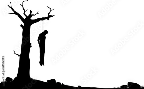 Editable vector silhouette of a man hanged from a dead tree