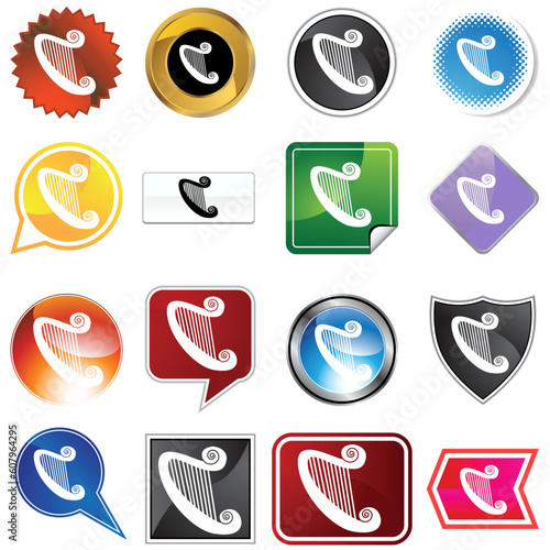 A set of 16 icon buttons in different shapes and colors - harp.