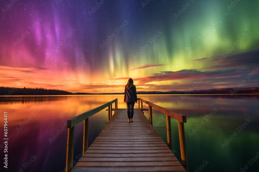 custom made wallpaper toronto digitalwoman on a wooden walkway admiring the northern lights over the lake created with Generative AI technology