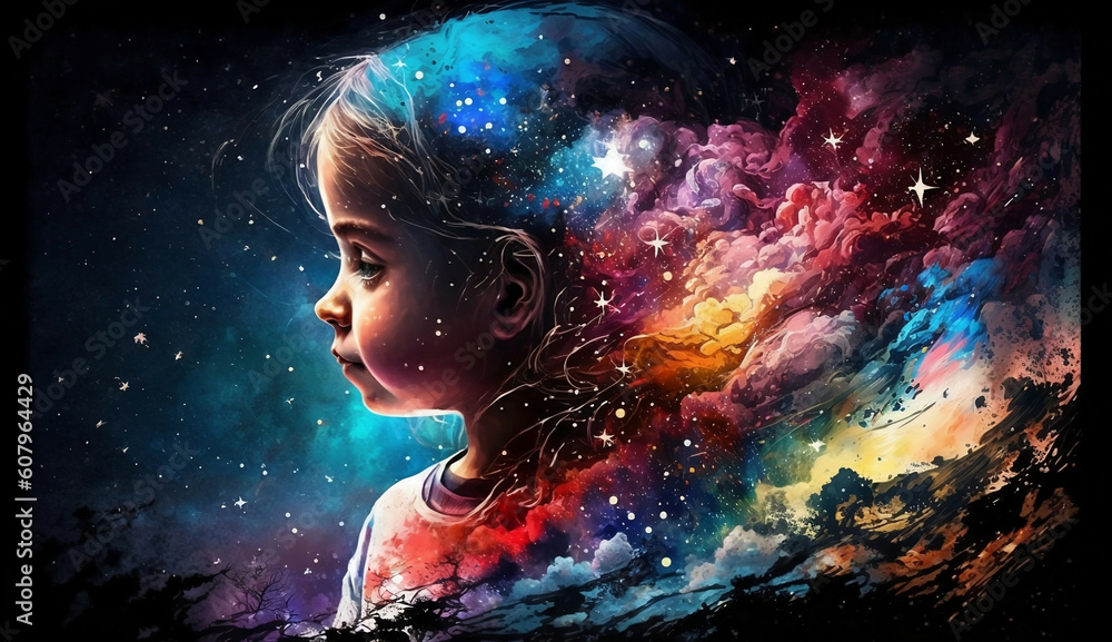 Space children meditate new quality of universal colorful technology illustration image design, generative	
