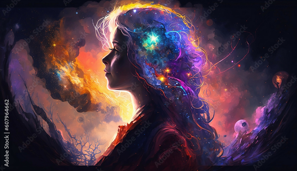 Space girl woman meditating new quality universal colorful technology stock image illustration design, generative ai	
