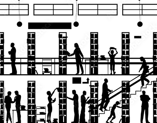 Editable vector silhouette of people in a library with all elements as separate objects