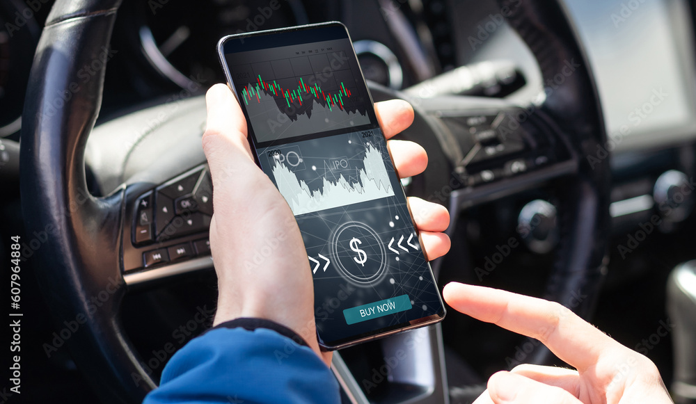 ICO concept - hand clicks on smartphone with abstract graphics. ICO concept - hand clicks on smartphone with abstract graphics.