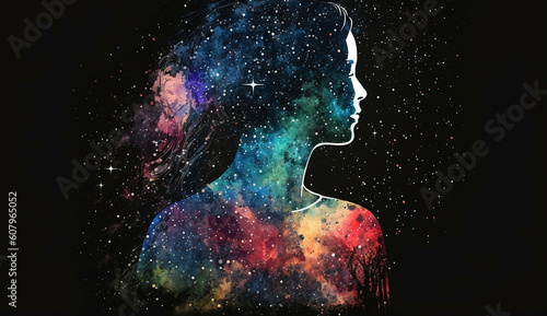 Space girl woman meditating new quality universal colorful technology stock image illustration design, generative ai   © Taisiia