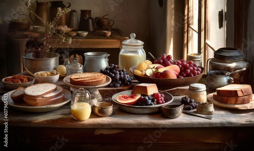  a table topped with lots of food and a bowl of fruit next to a bottle of milk and a bowl of fruit and a glass of milk. generative ai