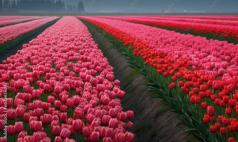  a large field of pink and red tulips in the middle of a field with trees in the distance and a dark sky in the background.  generative ai