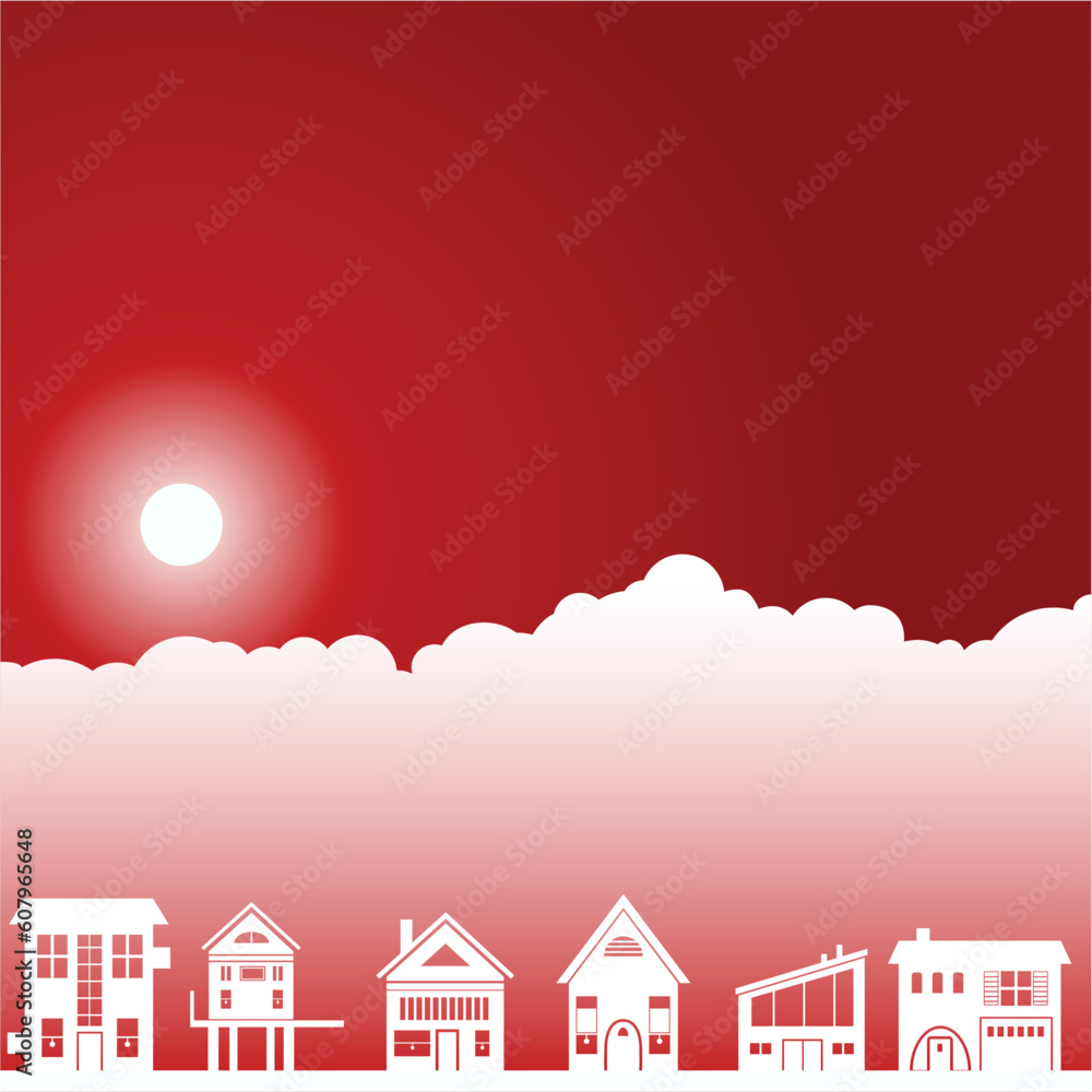Background day scene with clouds and sun with houses / buildings.
