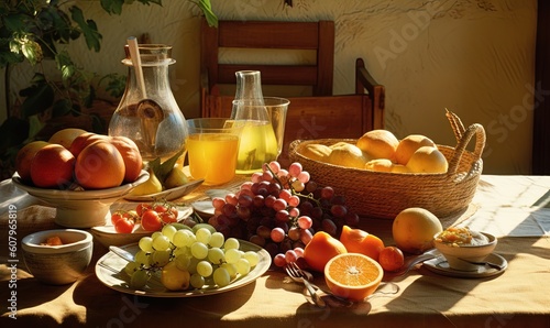  a table topped with a bowl of fruit next to a bowl of oranges and a bowl of grapes and a bowl of oranges. generative ai