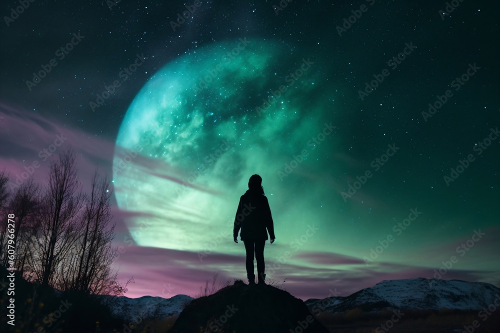 woman standing on a stone looking at the starry sky created with Generative AI technology