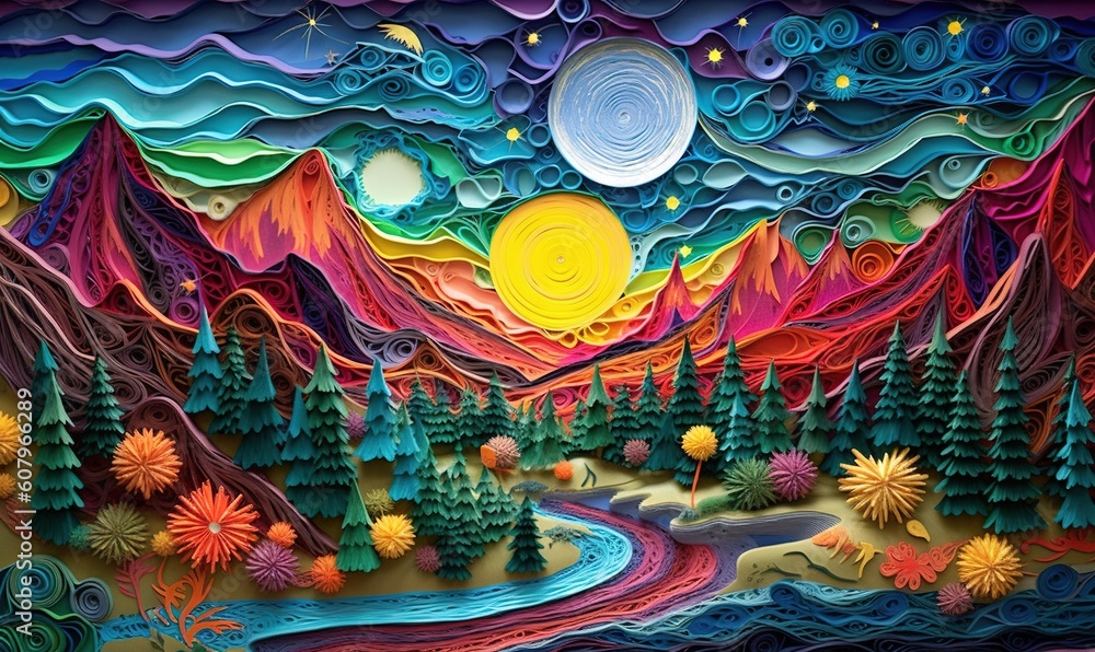  a painting of a landscape with mountains, trees, and a river in the middle of the painting is a full moon and stars above the mountains.  generative ai
