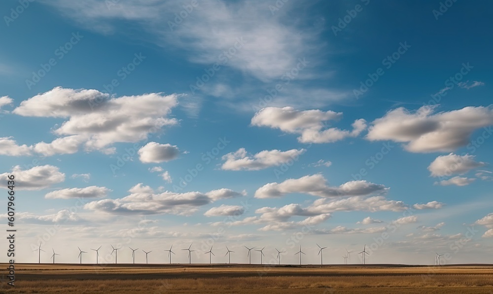 a field with a bunch of wind mills in the distance and a blue sky with clouds above it and a few green trees in the foreground. generative ai a field with a bunch of wind mills in the distance and a blue sky with clouds above it and a few green trees in the foreground. generative ai