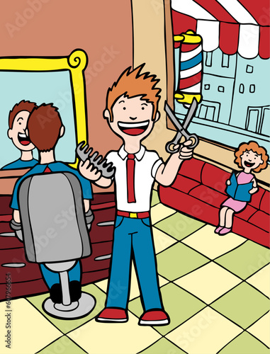 Man cuts hair in a salon.