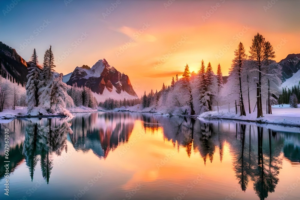 sunset in the mountains and lake view over the mountain covered with snow 