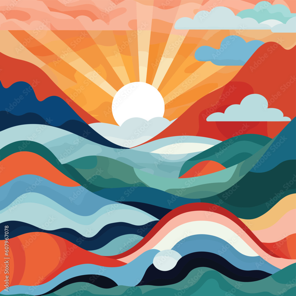 Abstract landscape sunset ocean vector illustration