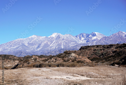 Landscape, snowy mountain in winter. Mendoza, Potrerillos, Argentina.