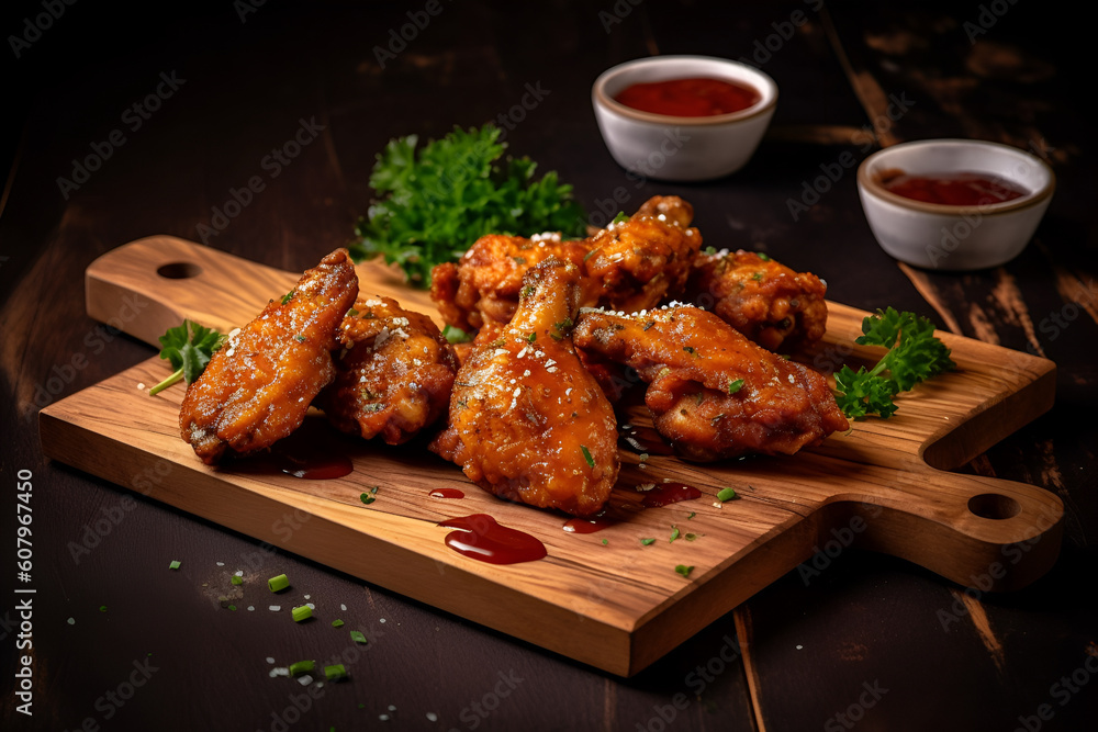 fried chicken wings with barbecue sauce on a wooden board. fast food. AI generated Generative AI