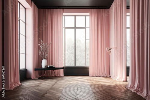 a room that is empty and has a pink wall, a herringbone wooden floor, a black frame window, and drapes. Generative AI © Vusal