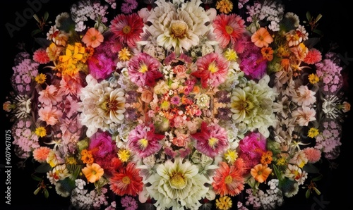  a circular arrangement of colorful flowers on a black background with a black background.  generative ai © Olga