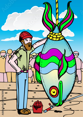 A proud fisherman stands next to his giant fish while a crowd gathers to watch.