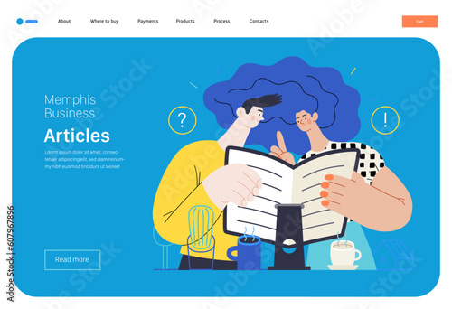 Memphis business illustration. Articles -modern flat vector concept illustration of people reading articles. Corporate business education metaphor.