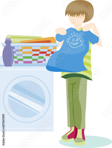 Cartoon image of person folding laundry.