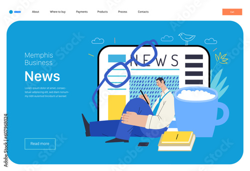 Memphis business illustration. News -modern flat vector concept illustration of a man reading news on various medium and tablet screen, glasses, coffee. Corporate business morning news metaphor.