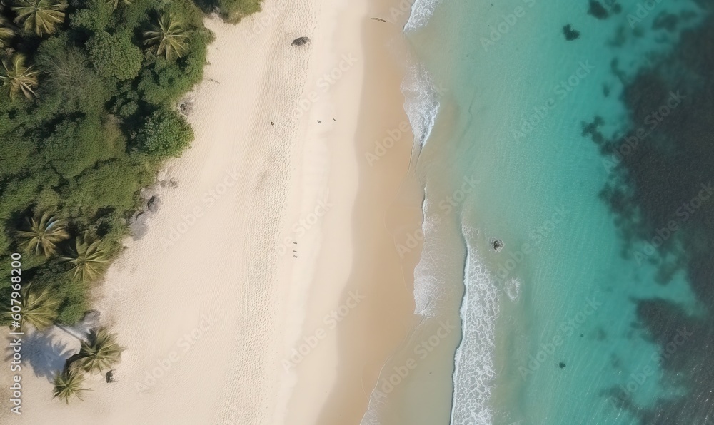  an aerial view of a sandy beach and ocean with palm trees.  generative ai