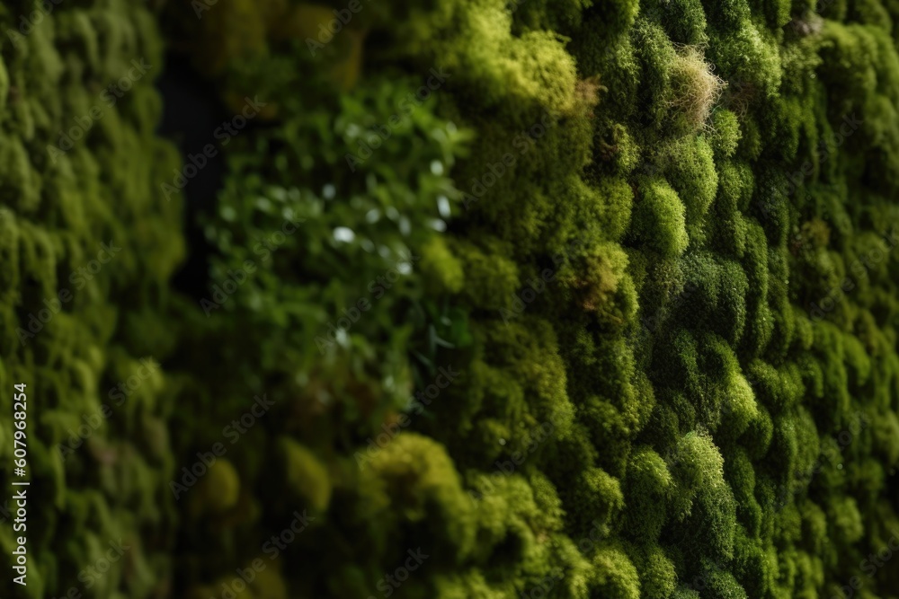 Fototapeta premium a wall plant made of green moss for decoration. Background with blank copy. image made of biological substance. components of interior design for offices. Generative AI