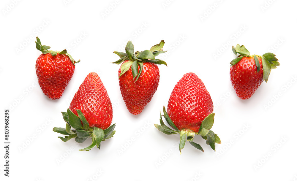 Ripe strawberries isolated on white background top view. Ripe strawberries isolated on white background top view.