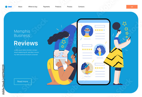 Memphis business illustration. Reviews -modern flat vector concept illustration of people rating articles and writing reviews. Corporate business reputation metaphor.