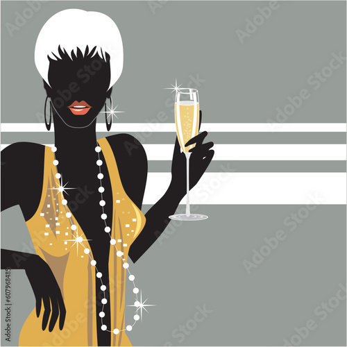 Young woman silhouette with champagner glasses.Full scalable vector graphic.