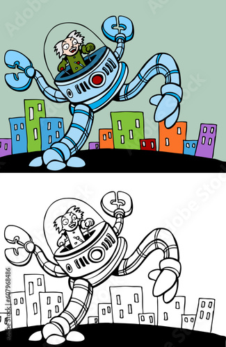 Cartoon image of a mad scientist riding in a giant robot - both color and black / white versions.