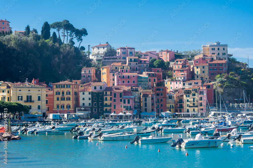 Lerici, Italy, 13 April 2022:  View of the seaside colorful town of Lerici in Liguria