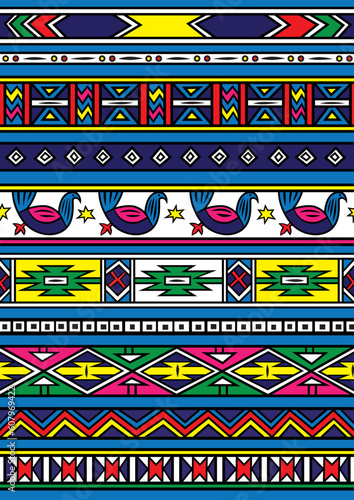 Vector carpet including ethnic African motive with multicolored typical elements