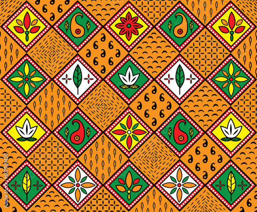 Vector carpet including ethnic African motive with multicolored typical elements