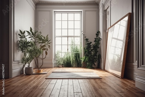 a plant filled wooden floor with an empty wooden frame. mockup for images, images, photos, and writing. Generative AI