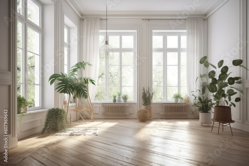 A stylish vacant room with picture windows, a parquet wooden floor, traditional shutters, and decorations in pots. Interior design concept with text space on a white background. Generative AI