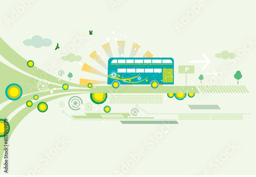 An illustration of a colorful bus on a road.