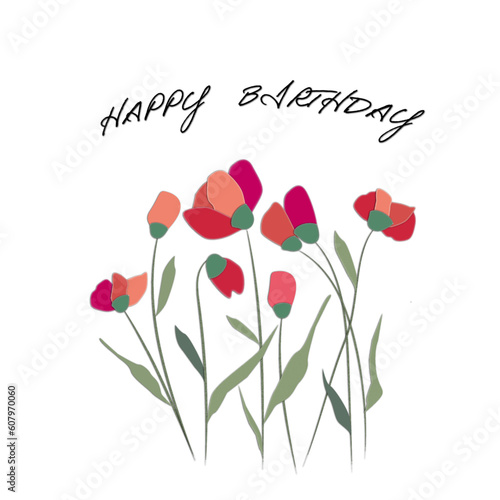 Felicitación de cumpleaños con flores en tonos anaranjados y rosas.